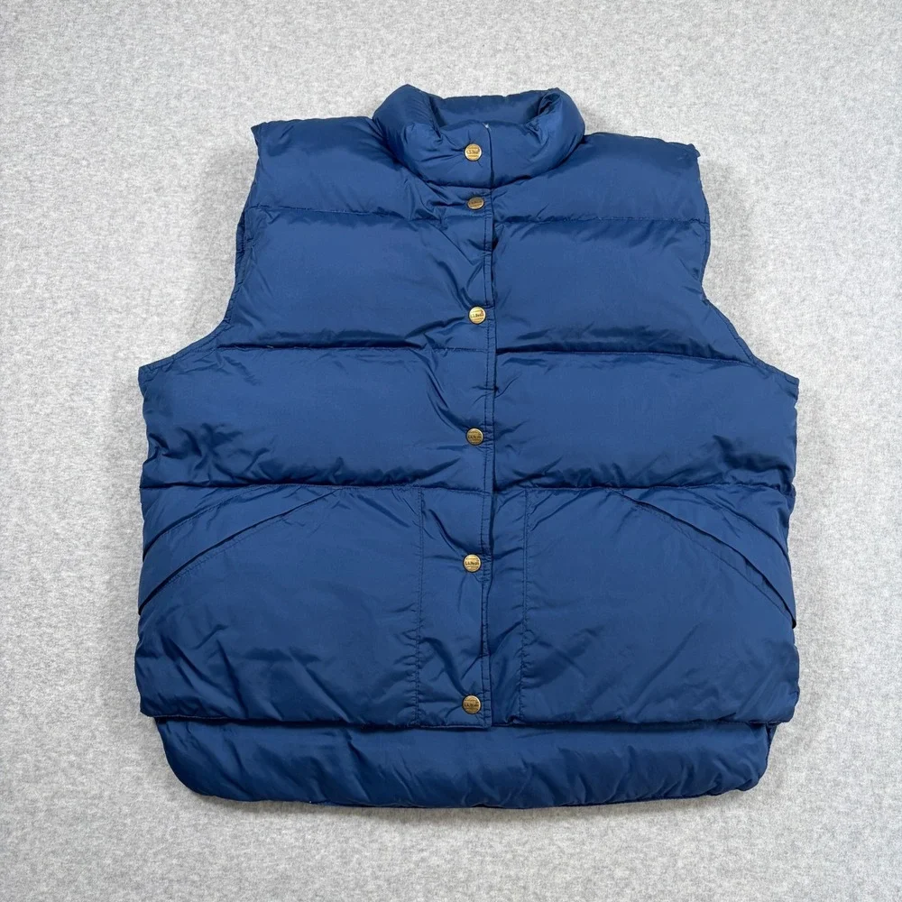 Vintage LL Bean Puffer Vest Women Large Blue Goose Down Insulated Snap Front